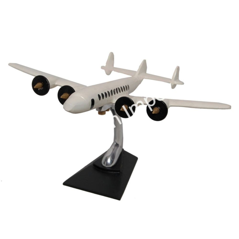 Die-cast aluminum airplane model with white fuselage and propellers on black stand