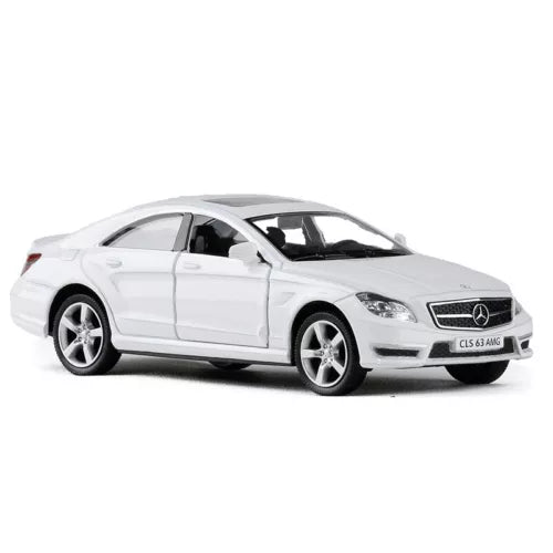 White CLS 63 AMG 1/36 diecast metal model car, front three-quarter view