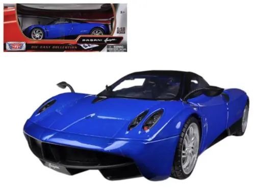 Blue diecast sports car model with front three-quarter view and black wheels