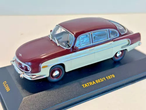 1970 Tatra 603-1 diecast car model, maroon and light blue, in display case base