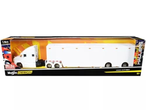White enclosed car transporter diecast model truck, 1/64 scale, by Maisto