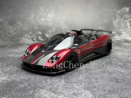 Red and black 1:18 scale Pagani Zonda Cinque roadster diecast car, open cockpit