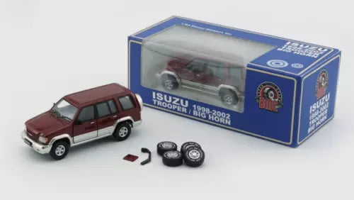 Dark red Isuzu Trooper diecast SUV toy with white grille, front 3/4 view