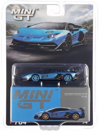 1:64 diecast sports car in clear blister, blue with gold wheels and #63