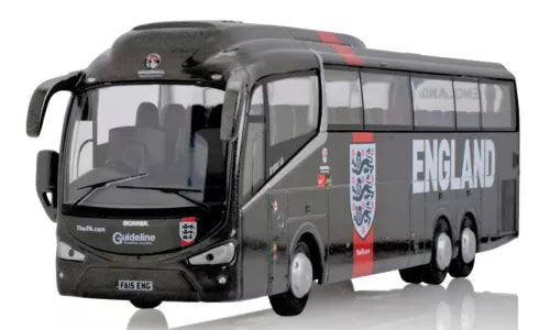 Gray England coach bus model with black front and side decals, front 3/4 view