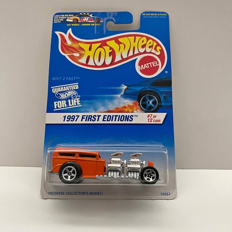 Hot Wheels diecast car in retail blister: orange Way 2 Fast with chrome engine.