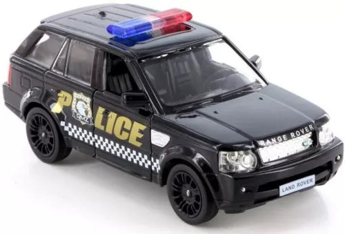 Land Rover police truck diecast model, black SUV with roof light bar and checkered side graphics