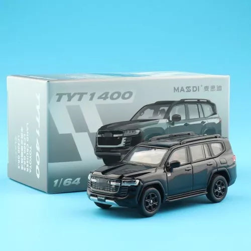 1:64 diecast model car, dark green SUV with open grille and headlights, with box