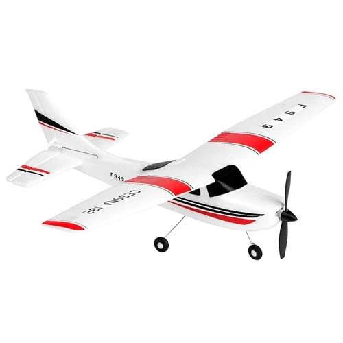 Radio-controlled airplane model, white with red stripes, propeller and landing gear
