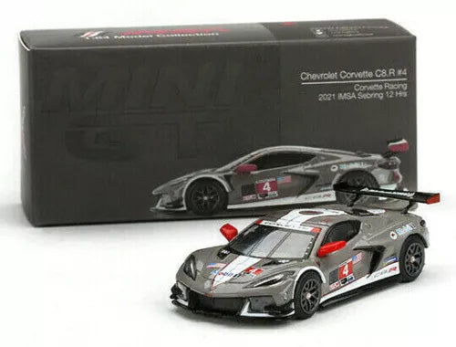 1:64 diecast race car with box, gray and red Chevrolet Corvette C8.R #4