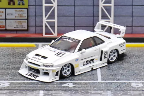White JDM Skyline GTR ER34 LBWK #5 diecast model car with rear wing and racing decals