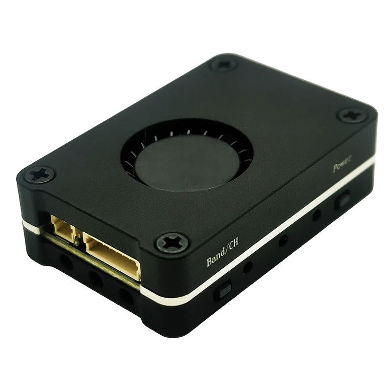 FPV transmitter module with circular channel dial and side ports, black casing