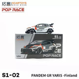 1:64 diecast race car model toy in box, Pandem GR Yaris, black/white with orange
