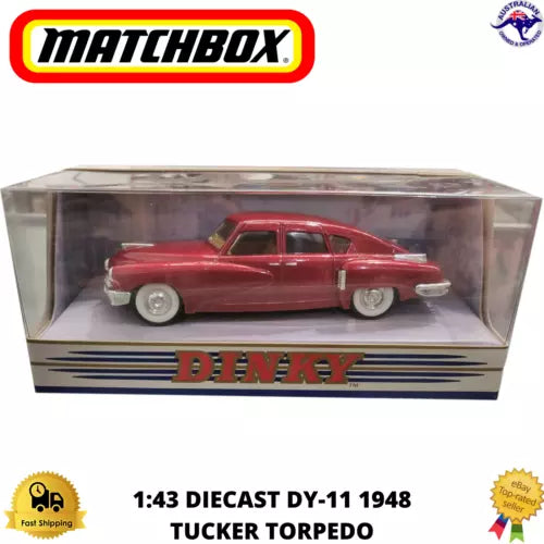 Red 1948 Tucker Torpedo diecast model car in clear display box, 1:43 scale