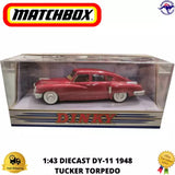 Red 1948 Tucker Torpedo diecast model car in clear display box, 1:43 scale