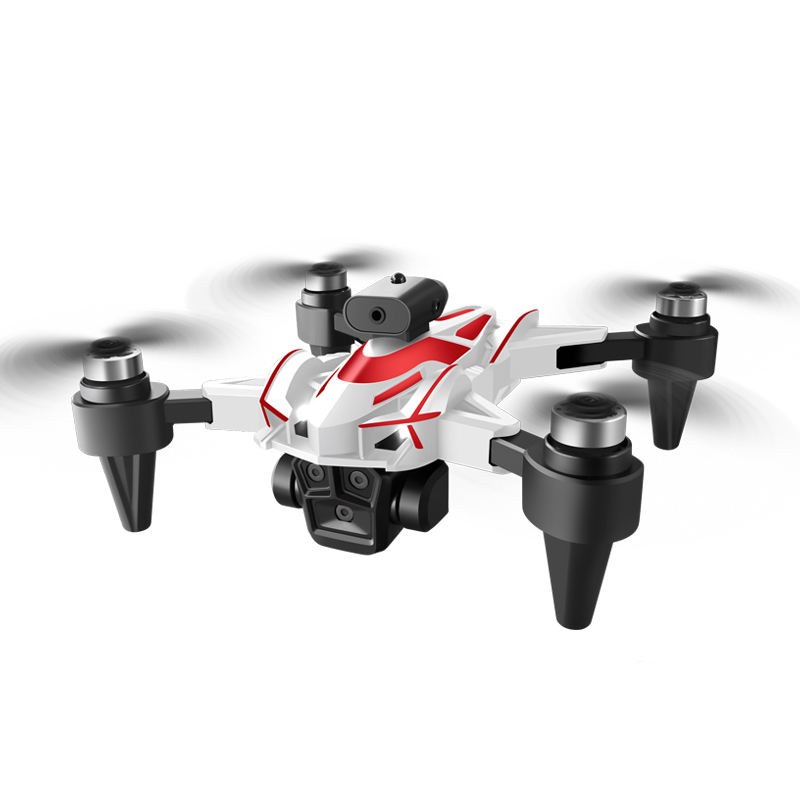 White and red quadcopter drone with mounted camera and four black prop guards