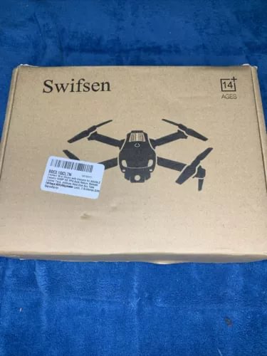 Swifsen mini drone shipping box with drone layout graphic and label sticker