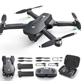 Foldable black quadcopter drone with propellers and remote controller with case
