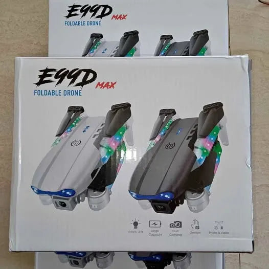Foldable drone box showing four gray drones with blue indicator lights