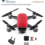 Red quadcopter drone with four propellers, controller, and small accessories