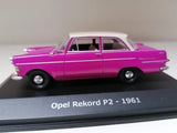 Die-cast model car of Opel Rekord P2, 1961, purple with detailed chrome front