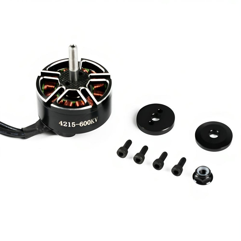 Brushless drone motor with 4215-600KV label, shaft, mounting screws and discs