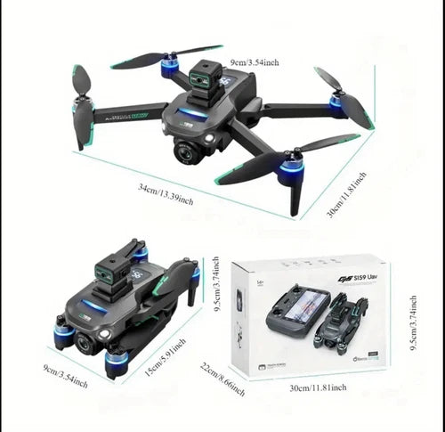Black quadcopter drone with HD 4K camera, four green-bladed propellers