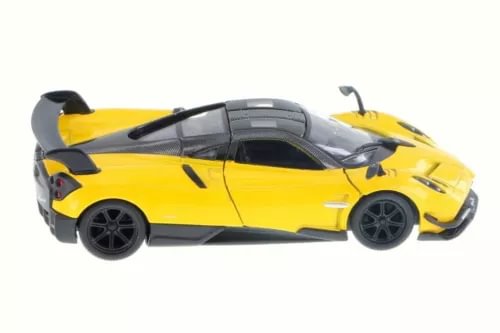 Yellow diecast sports car with black accents, open cockpit and black alloy wheels