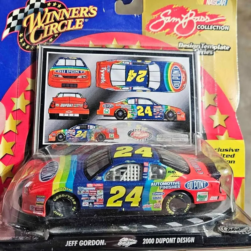 Diecast race car in clear blister package, blue and green #24 design