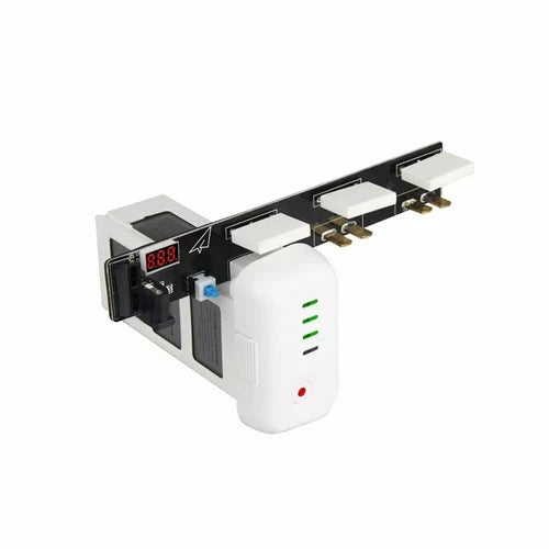 Triple battery charger board with display and multi-pin connectors, white housing