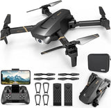 Foldable mini drone with built-in camera, black body, with controller and spare propellers