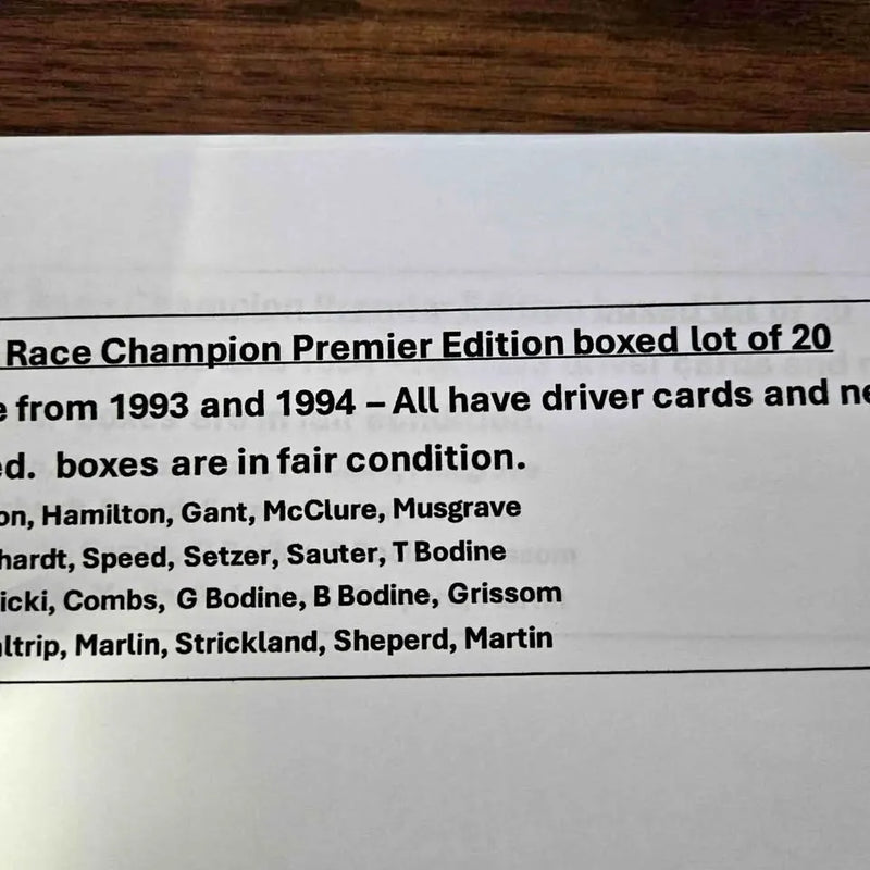 Race Champion Premier Edition boxed diecast lot with printed text on the box