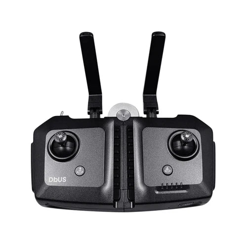Black drone remote controller with two antennas and dual joysticks