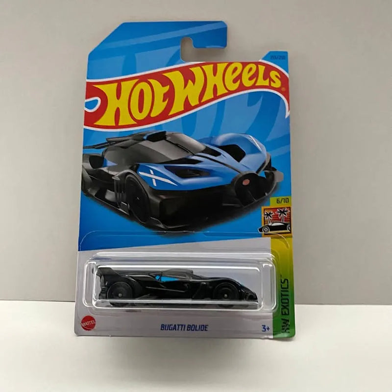 Blue and black diecast sports car on Hot Wheels card, Bugatti Bolide