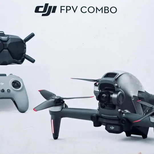 DJI FPV drone with camera, dark gray quadcopter body and four propellers
