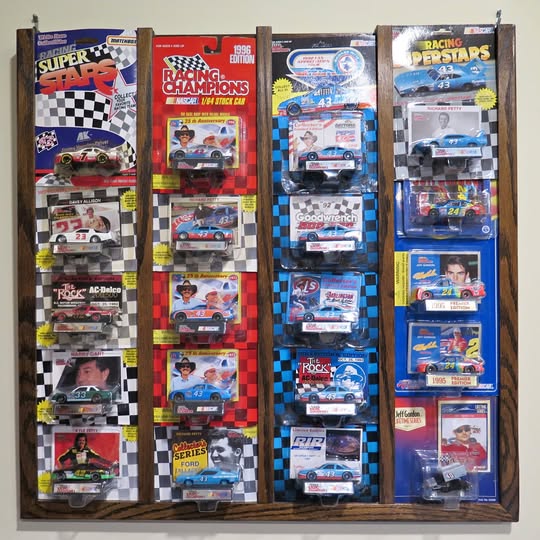 Handmade wooden diecast display rack with vintage racing car boxes and 1/64 models