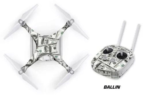 Custom skin wrap set for DJI Phantom 4 drone and controller, dollar bills print.