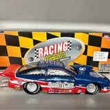 Blue and red NHRA diecast race car model with checkered Racing logo