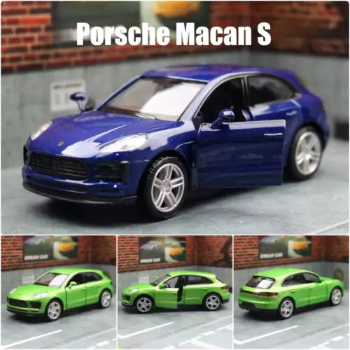 Porsche Macan SUV die-cast model car, blue, front three-quarter view, metal wheels