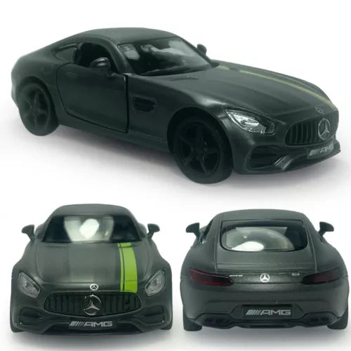 Matte gray AMG GTS diecast pull-back model car with green racing stripe, rear and front