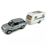 Diecast model car set with silver SUV and white motorhome camper