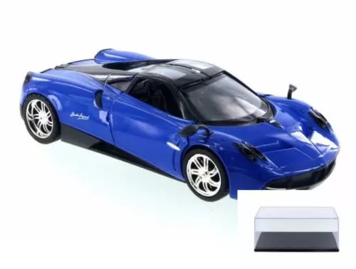 Blue diecast sports car with black hood, 1:24 scale, on display base