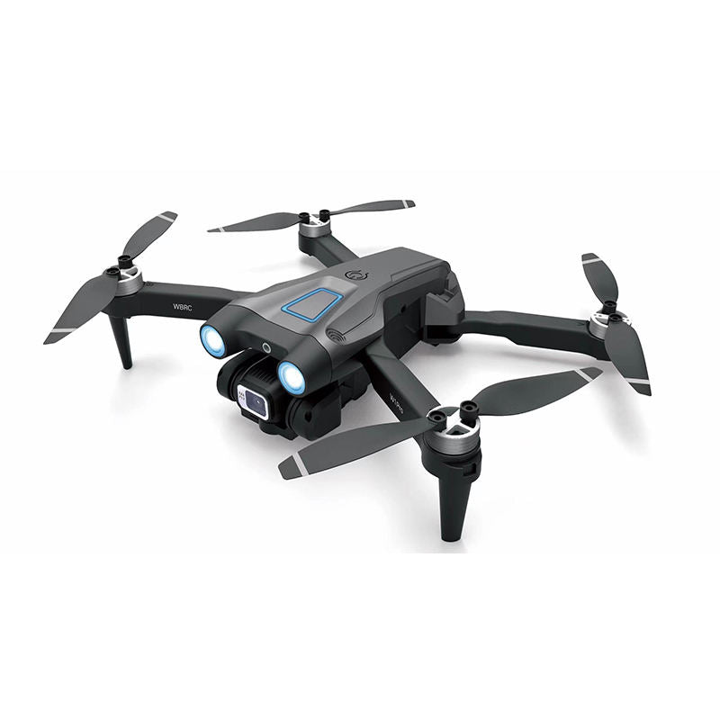 Mini quadcopter drone with four propellers and dual front cameras, black and gray