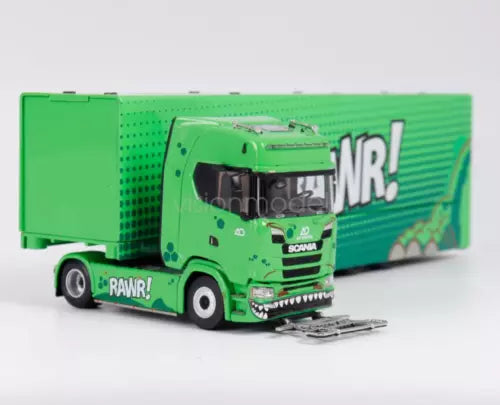 Green Scania truck with enclosed double-deck trailer, front view diecast model