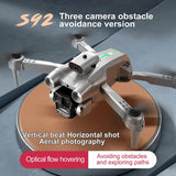 White foldable quadcopter drone with front camera and four spinning propellers