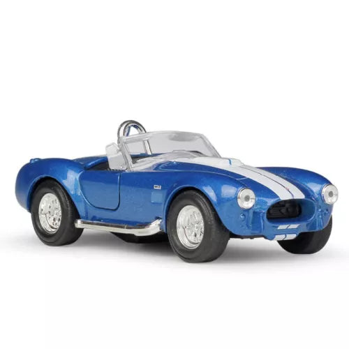 Blue 1:36 diecast model roadster car with white racing stripe and chrome details