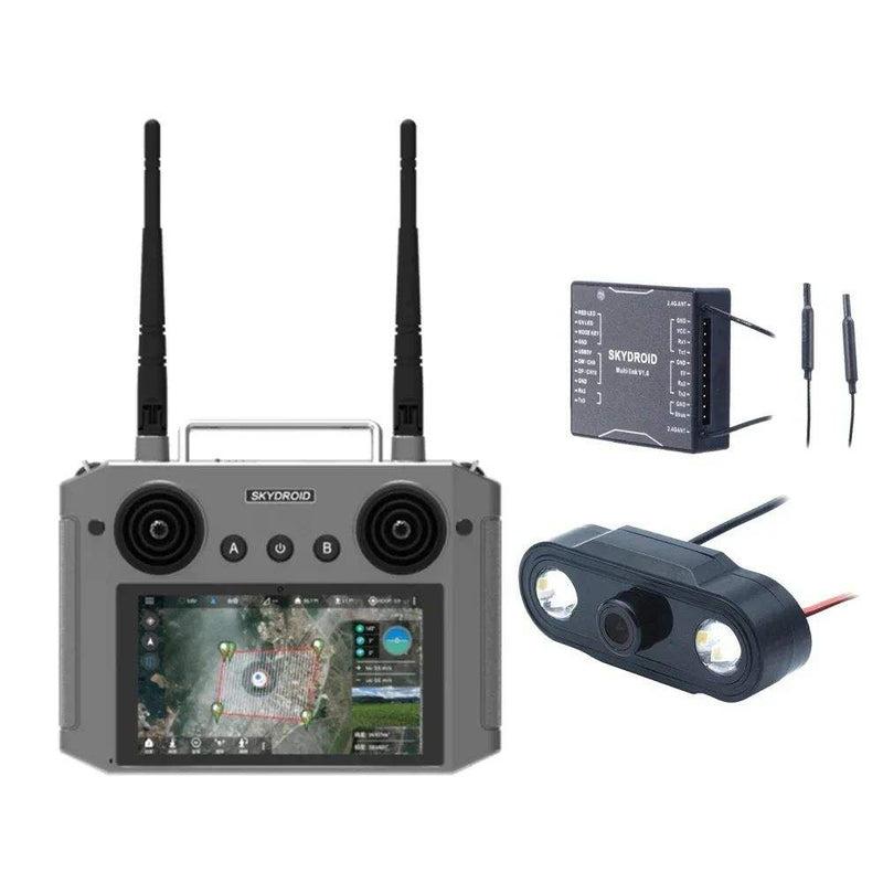 RC drone controller with dual antennas, screen, and FPV camera receiver