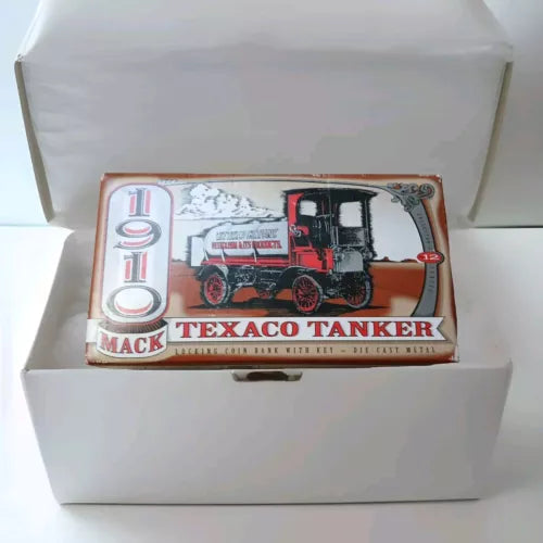 Texaco tanker truck diecast coin bank in box, Mack and Texaco graphics
