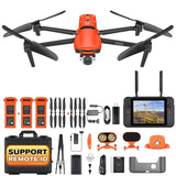 Orange and black quadcopter drone with 6K camera and fold-out propellers, plus controller set