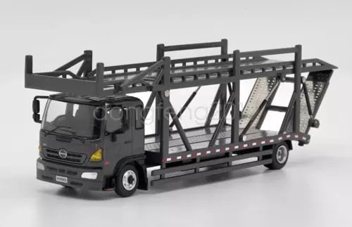 Gray diecast transport truck model with metal cage trailer and open bed